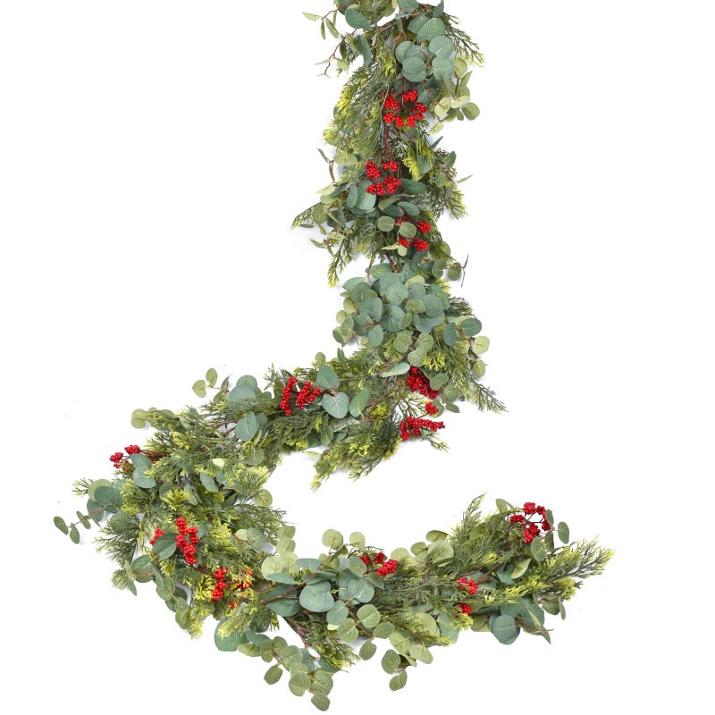 Lvydec Christmas Pine Christmas Garland6Ft Realistic Artificial Faux Greenery Garland with Berry and Eucalyptus Leaves Cypress Garland for Mantle Holiday Fireplace Winter Decoration