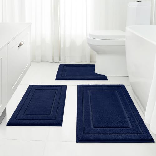 HOMEIDEAS Bathroom Rugs Sets 3 Piece, Super Soft and Absorbent Non Slip Microfiber Toilet Bath Mat with U-Shaped (Navy Blue) - Image 1