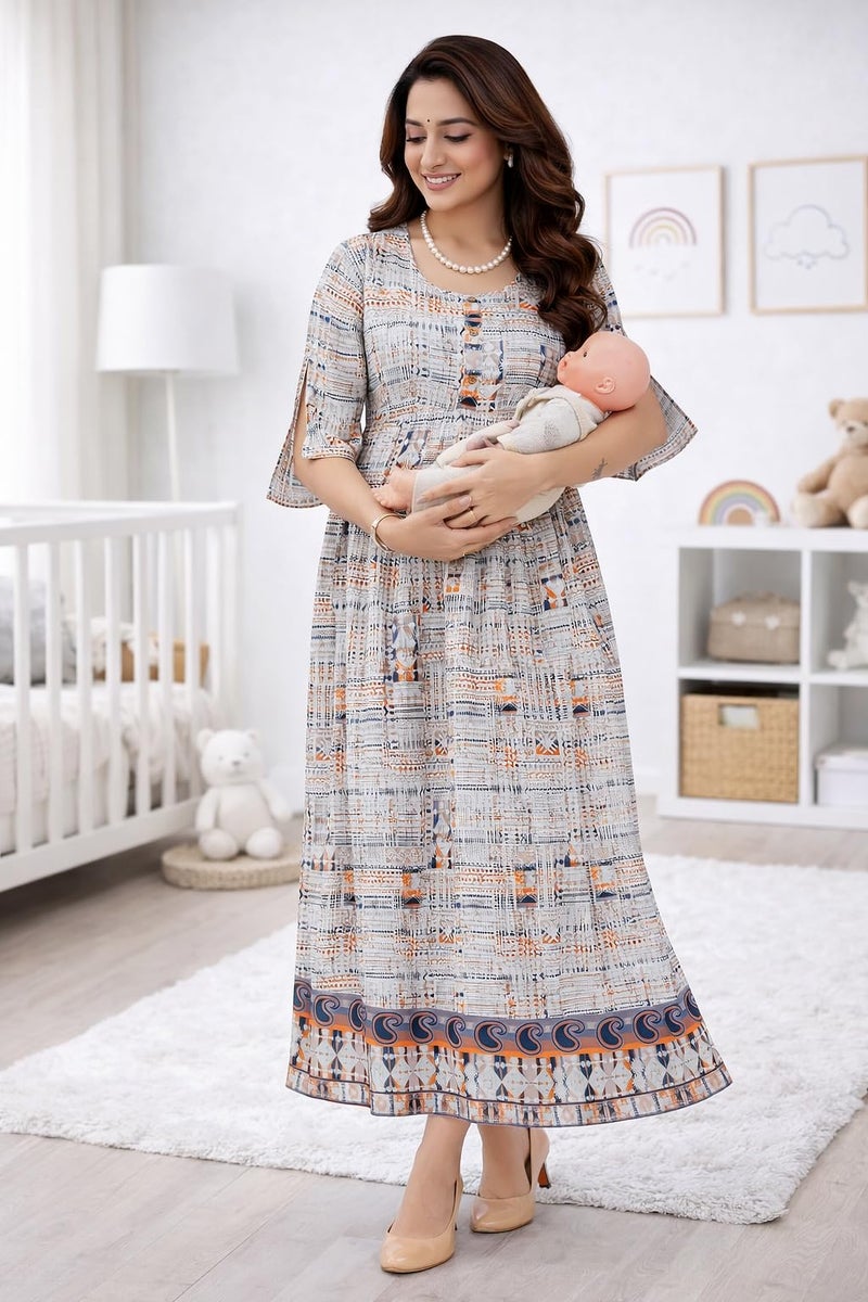 RITIJYA Feeding Kurtis for Women | Printed Flared Anarkali Maternity Kurta with Zip for Nursing & Pregnancy (S,Offwhite, 9012_48) - Image 2