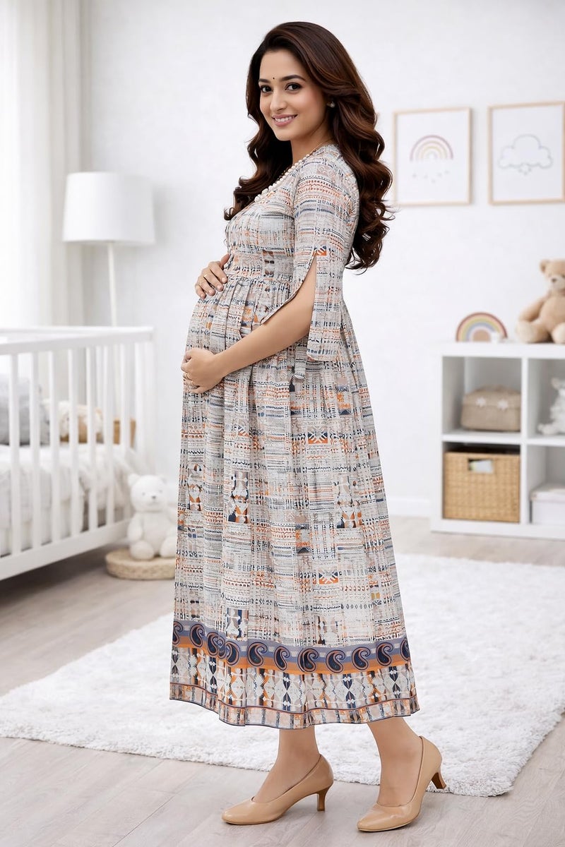 RITIJYA Feeding Kurtis for Women | Printed Flared Anarkali Maternity Kurta with Zip for Nursing & Pregnancy (S,Offwhite, 9012_48) - Image 4