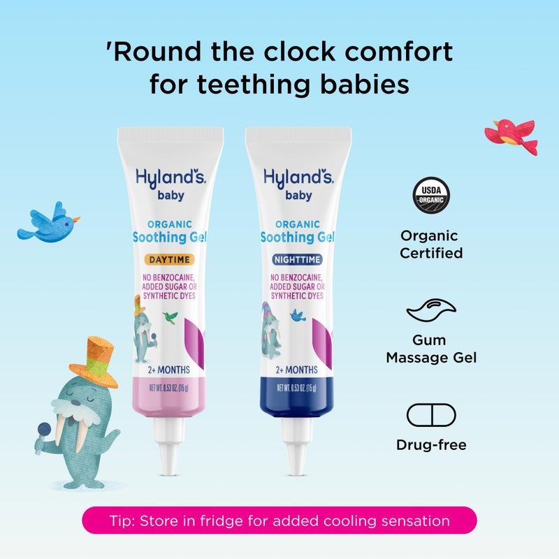 Hyland's باقة هيلاندز بيبي العضوية لجل التهدئة النهاري والليلي، جل مهدئ لعدم الراحة الفموية، سهل التطبيق، للأعمار من 2 شهر وما فوق، 1.06 أونصة (2 أنبوب من 0.53 أونصة)  - Image 2