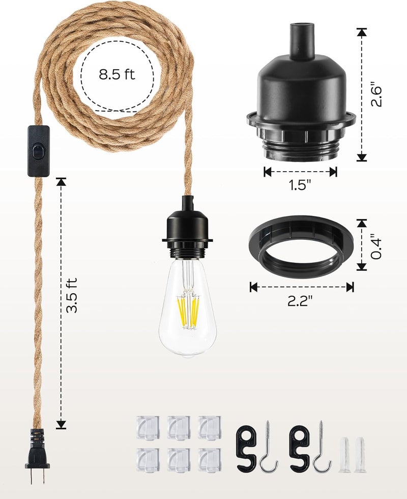 JACKYLED Hanging lamp Cord Kit with Switch, 12FT Vintage, Hanging Light Fixture with Shade Fitter, E26 Bulb Compatible, DIY Pendant Lights for Kitchen Island Bedroom Living Room - Image 4
