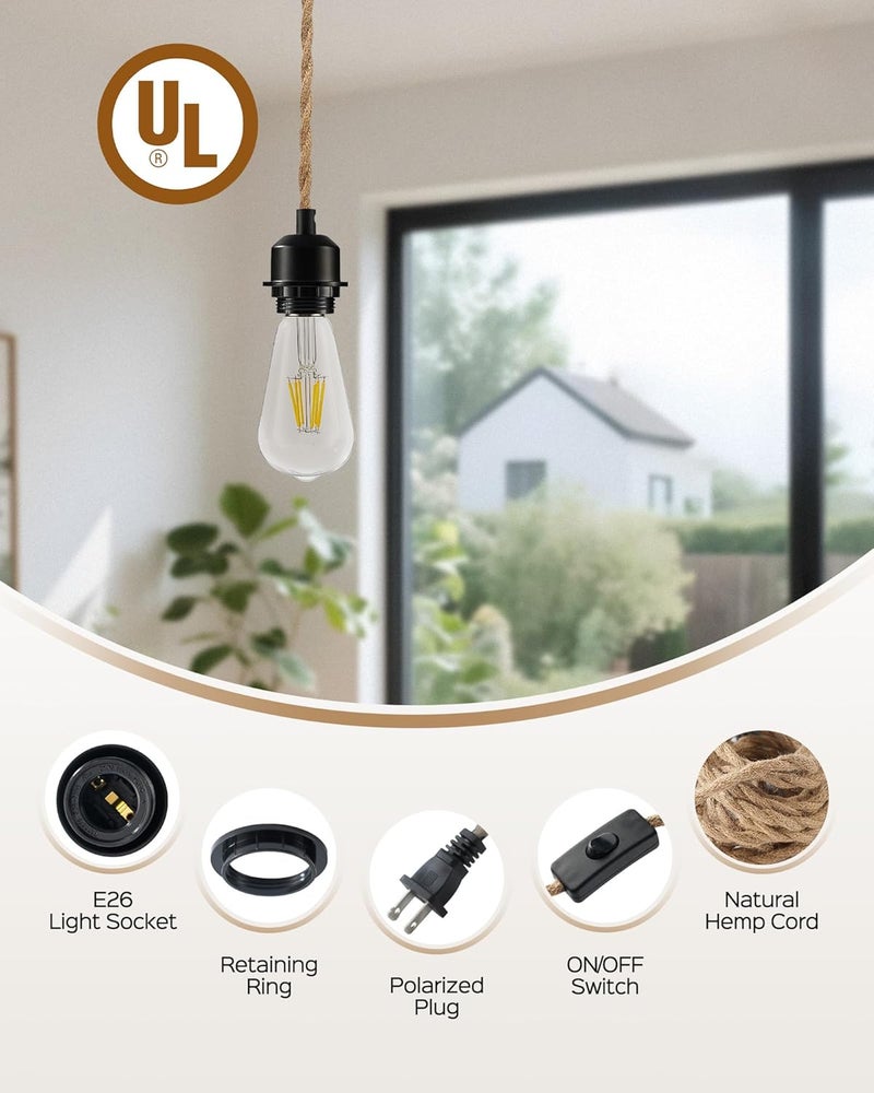 JACKYLED Hanging lamp Cord Kit with Switch, 12FT Vintage, Hanging Light Fixture with Shade Fitter, E26 Bulb Compatible, DIY Pendant Lights for Kitchen Island Bedroom Living Room - Image 3