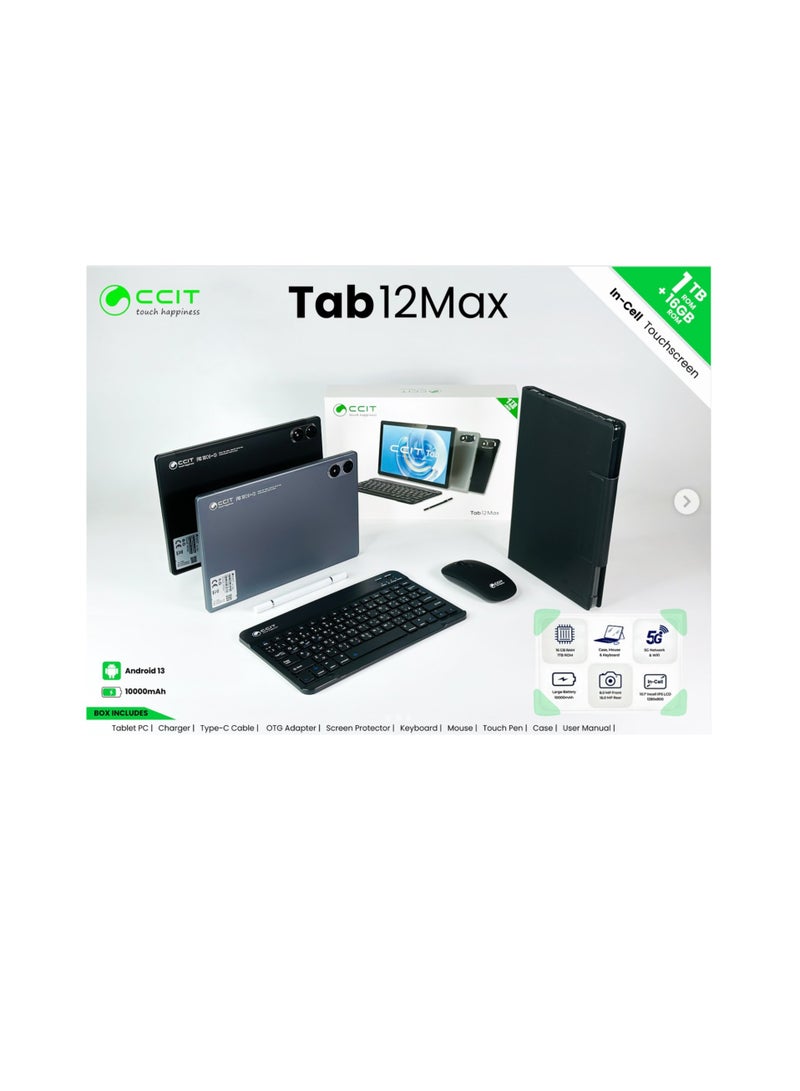 CCIT Tab 12 Max 10.1-Inch Android Tablet | 16GB RAM + 1TB ROM | Full HD Touchscreen | 10000mAh Battery | With Keyboard, Mouse & Stylus | Dual SIM 4G-Black - Image 3
