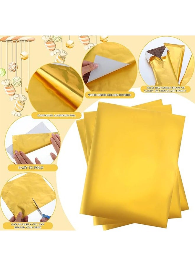 Unewshi 100 Pcs Chocolate Candy Wrappers Aluminum Foil Candy Bar Wrappers with Thick Paper Backing Foil Sheets for Food DIY Candies Wrapping Packing Gifts, 7.5 x 6 Inch (Gold) - Image 3