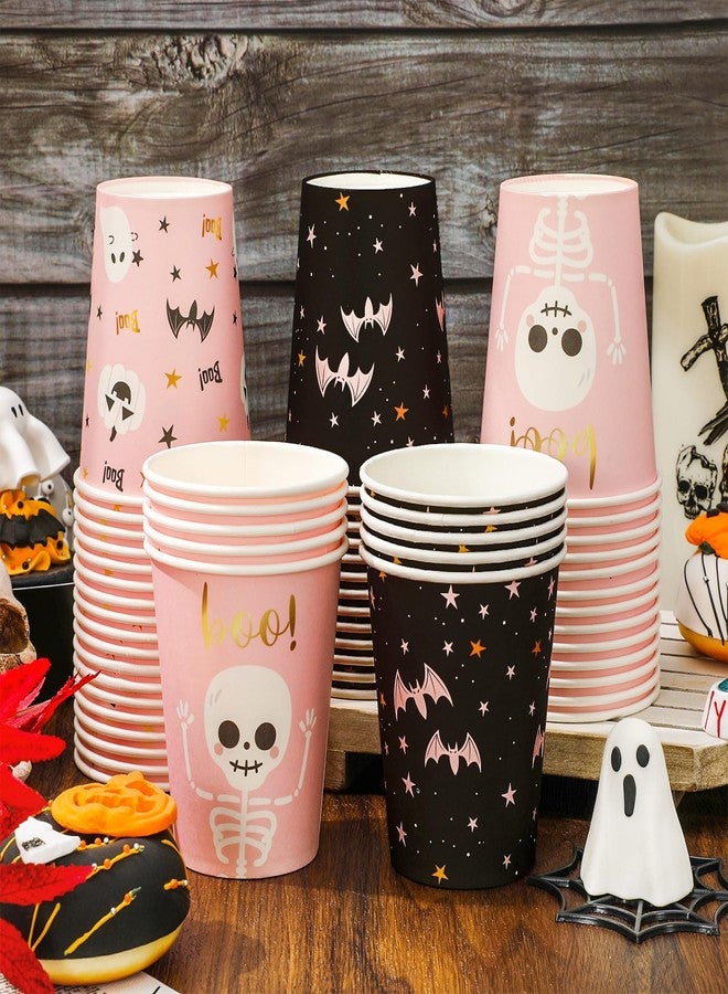 JarThenaAMCS كؤوس ورقية هالوين 60 قطعة 9 أونص وردي أسود شبح خفاش قرع هيكل عظمي جمجمة كؤوس قابلة للتصرف كؤوس شرب لطيفة للبنات والأولاد زينة حفلات الاستحمام للأطفال مشروبات ساخنة وباردة لوازم حفلات الهالوين - Image 5