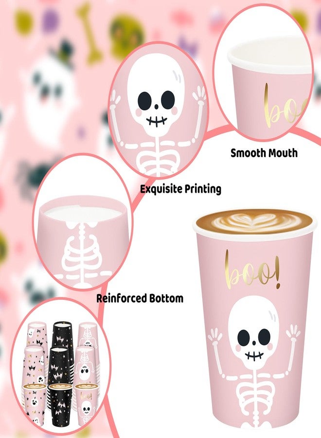 JarThenaAMCS كؤوس ورقية هالوين 60 قطعة 9 أونص وردي أسود شبح خفاش قرع هيكل عظمي جمجمة كؤوس قابلة للتصرف كؤوس شرب لطيفة للبنات والأولاد زينة حفلات الاستحمام للأطفال مشروبات ساخنة وباردة لوازم حفلات الهالوين - Image 3