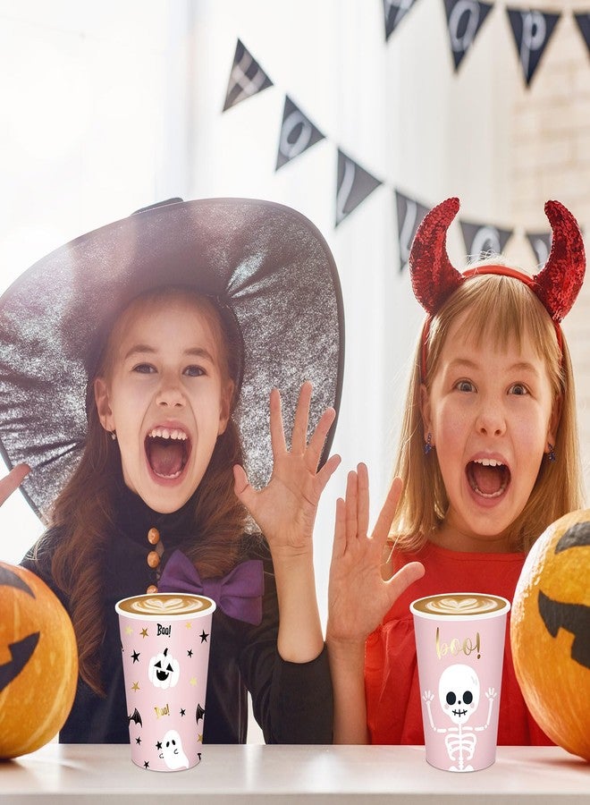 JarThenaAMCS كؤوس ورقية هالوين 60 قطعة 9 أونص وردي أسود شبح خفاش قرع هيكل عظمي جمجمة كؤوس قابلة للتصرف كؤوس شرب لطيفة للبنات والأولاد زينة حفلات الاستحمام للأطفال مشروبات ساخنة وباردة لوازم حفلات الهالوين - Image 4