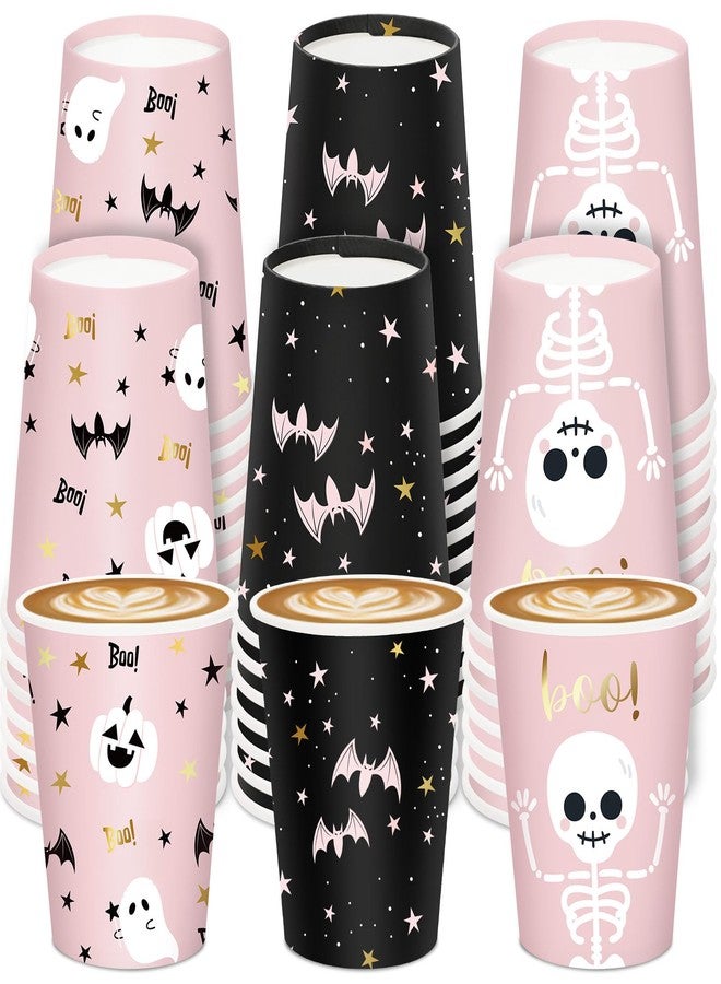 JarThenaAMCS كؤوس ورقية هالوين 60 قطعة 9 أونص وردي أسود شبح خفاش قرع هيكل عظمي جمجمة كؤوس قابلة للتصرف كؤوس شرب لطيفة للبنات والأولاد زينة حفلات الاستحمام للأطفال مشروبات ساخنة وباردة لوازم حفلات الهالوين - Image 1