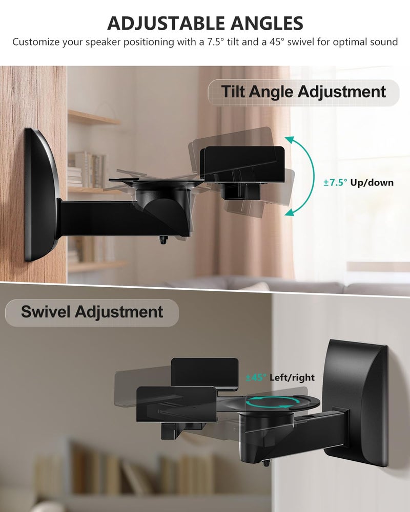 WALI Speaker Wall Mount, Surround Sound Speaker Stand with Adjustable Swivel Tilt Angle, Standard Bookshelf Speaker Mount for Living Room, Home Theater, Hold Up to 55 Lbs, (SWM201), 2 Pack, Black - Image 4