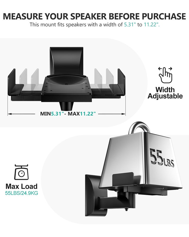 WALI Speaker Wall Mount, Surround Sound Speaker Stand with Adjustable Swivel Tilt Angle, Standard Bookshelf Speaker Mount for Living Room, Home Theater, Hold Up to 55 Lbs, (SWM201), 2 Pack, Black - Image 5