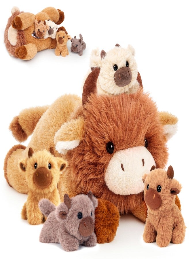 Easfan 5PCS Highland Cow Stuffed Animal 16" Lying Mommy Cow with 4 Baby Cows Inside,Realistic Fluffy Scottish Plushie for Baby Girls, Boys, Toddlers & Kids - Image 1