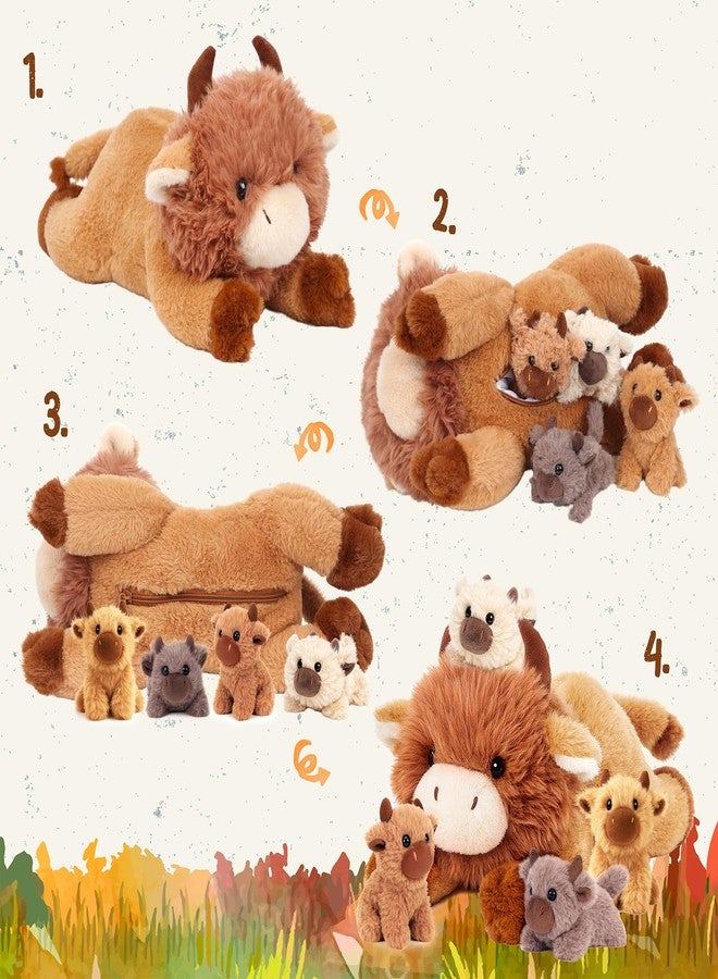 Easfan 5PCS Highland Cow Stuffed Animal 16" Lying Mommy Cow with 4 Baby Cows Inside,Realistic Fluffy Scottish Plushie for Baby Girls, Boys, Toddlers & Kids - Image 3