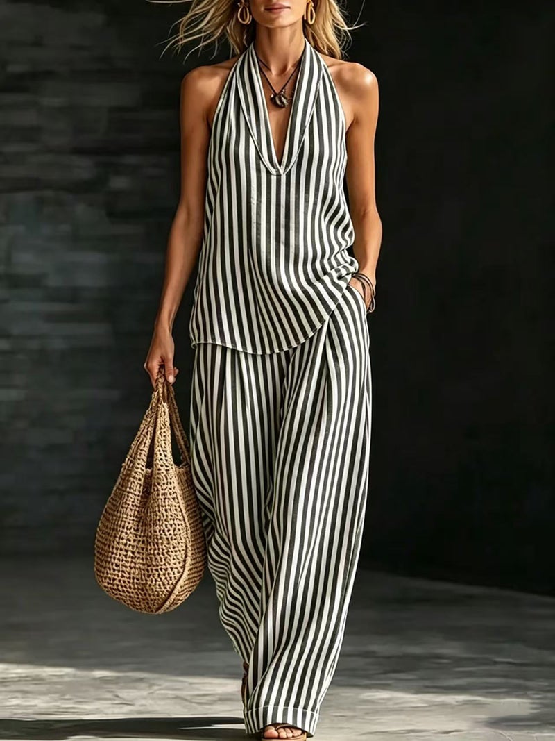 2026 New Cross-Border Foreign Trade Women''s Clothing Independent Site Halter V-Neck Sleeveless Striped Casual Set - Image 1