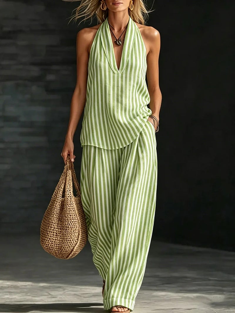 2026 New Cross-Border Foreign Trade Women''s Clothing Independent Site Halter V-Neck Sleeveless Striped Casual Set - Image 4