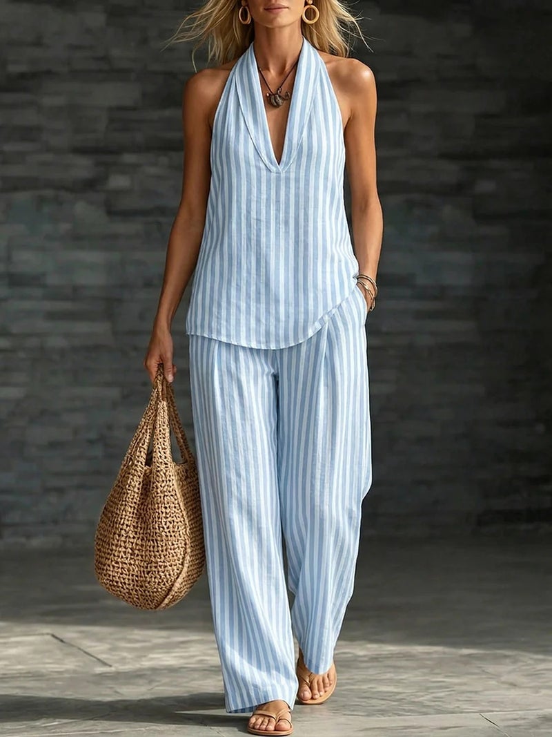 2026 New Cross-Border Foreign Trade Women''s Clothing Independent Site Halter V-Neck Sleeveless Striped Casual Set - Image 5