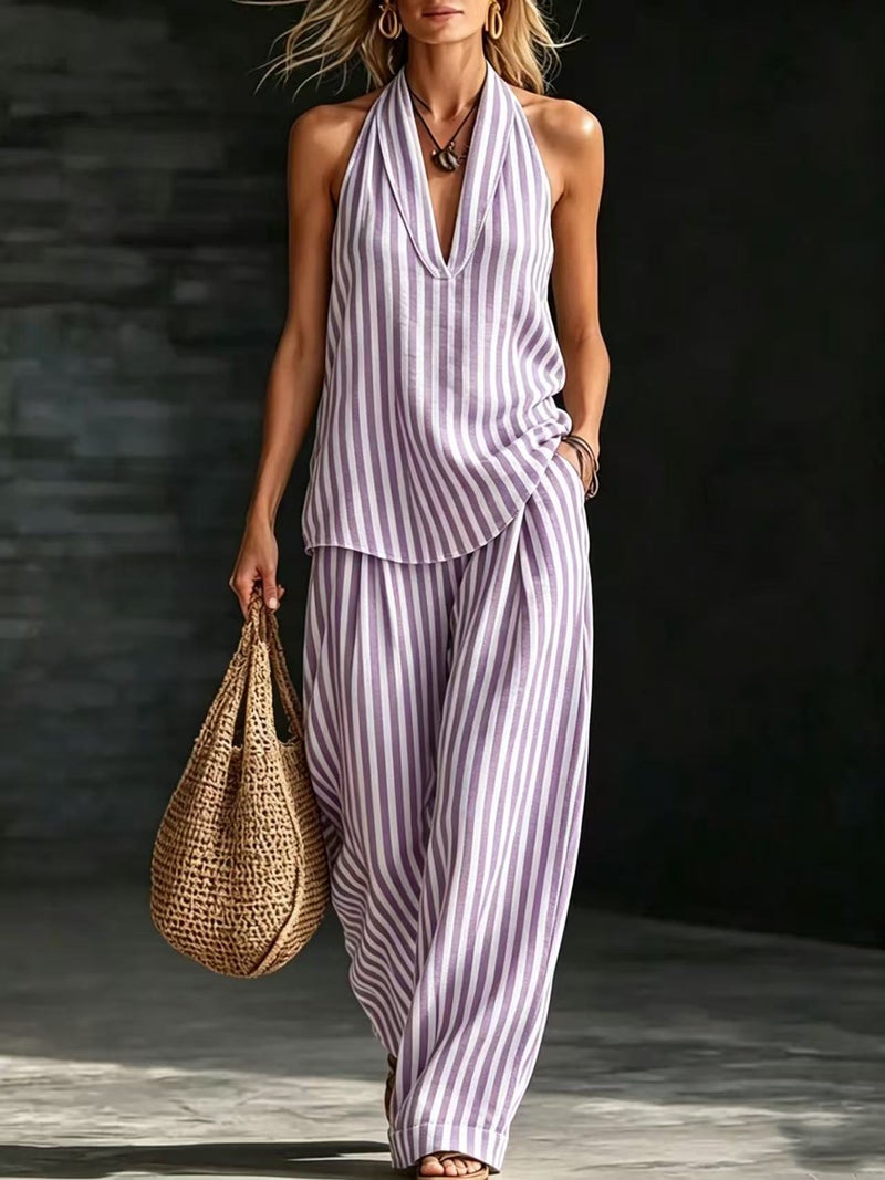 2026 New Cross-Border Foreign Trade Women''s Clothing Independent Site Halter V-Neck Sleeveless Striped Casual Set - Image 2