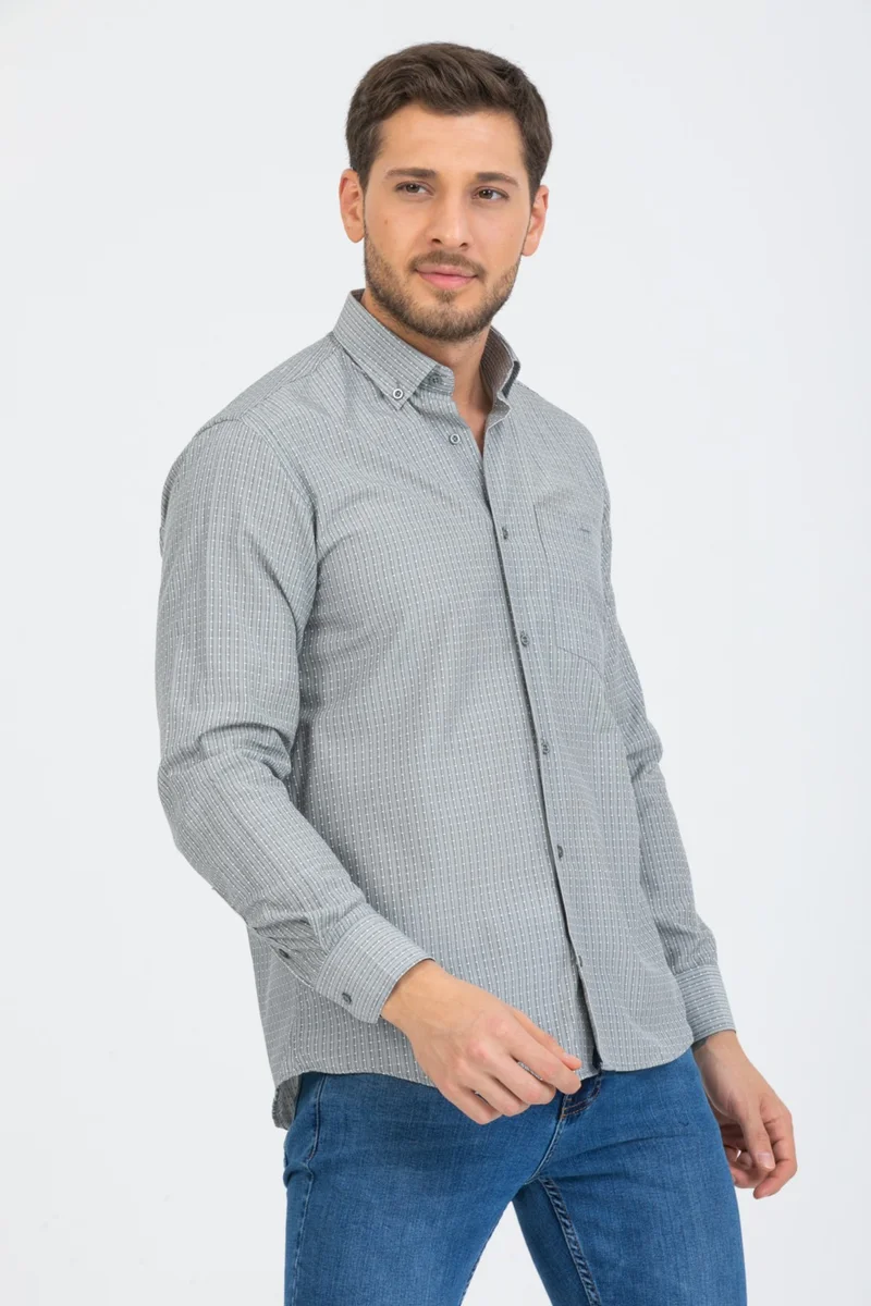 فاريتا Men's Gray Checked Long Sleeve Pocket Collar Buttoned Shirt