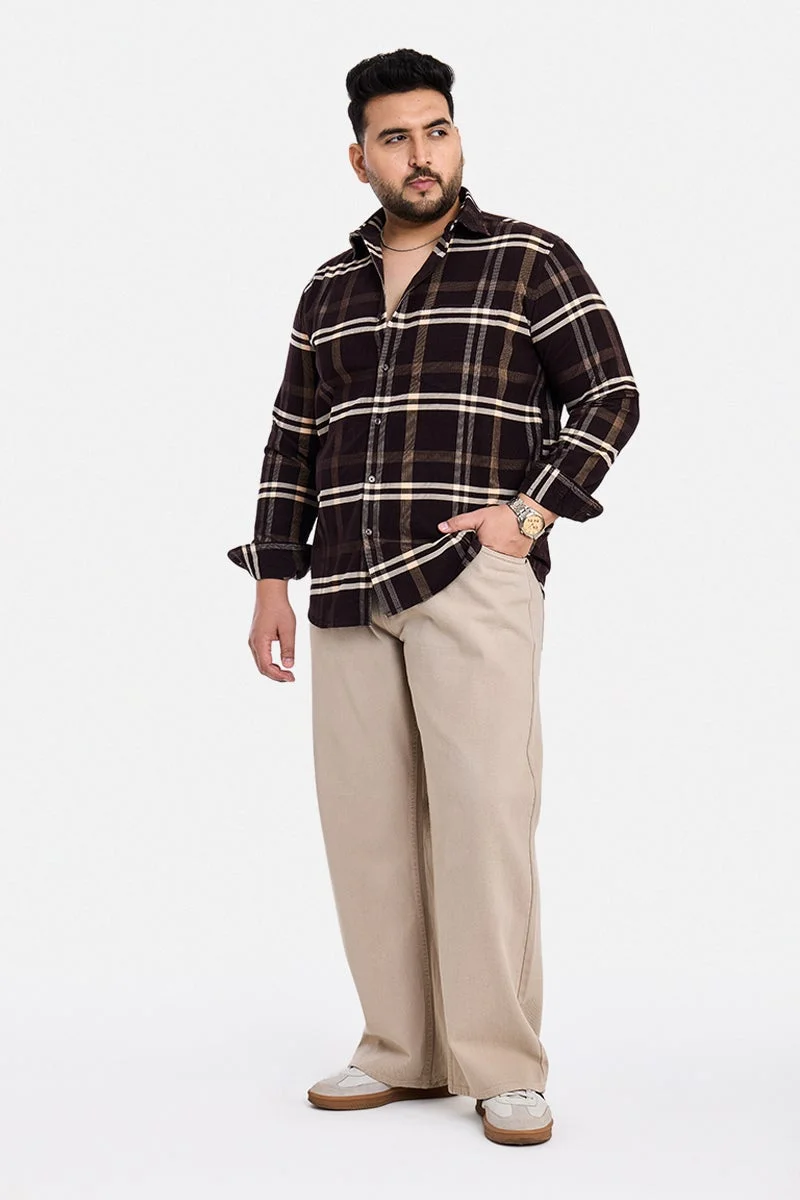 سنيتش Dark Brown Checkered Long Sleeve Regular Fit Casual Plus Size Shirt