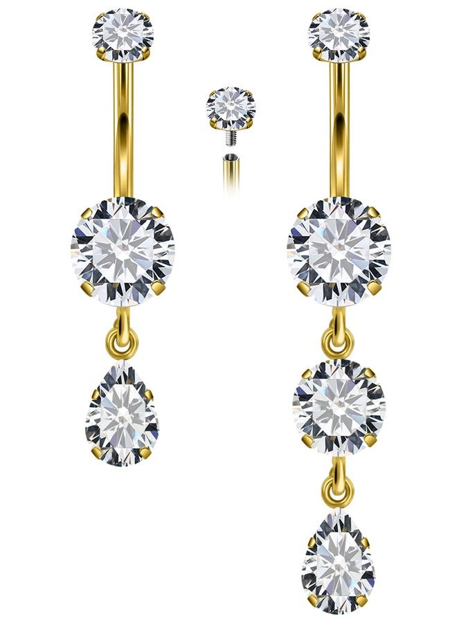Ftovosyo Long Belly Button Ring Surgical Steel Belly Button Rings 16mm Gold Internally Threaded Cubic Zirconia Dangle Navel Piercing Jewelry for Women 14G 2 Pieces - Image 1