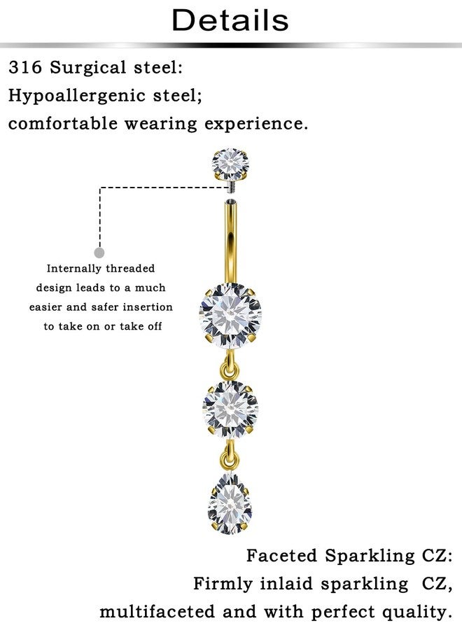 Ftovosyo Long Belly Button Ring Surgical Steel Belly Button Rings 16mm Gold Internally Threaded Cubic Zirconia Dangle Navel Piercing Jewelry for Women 14G 2 Pieces - Image 3