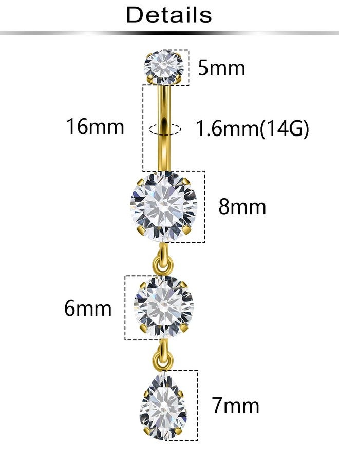 Ftovosyo Long Belly Button Ring Surgical Steel Belly Button Rings 16mm Gold Internally Threaded Cubic Zirconia Dangle Navel Piercing Jewelry for Women 14G 2 Pieces - Image 2