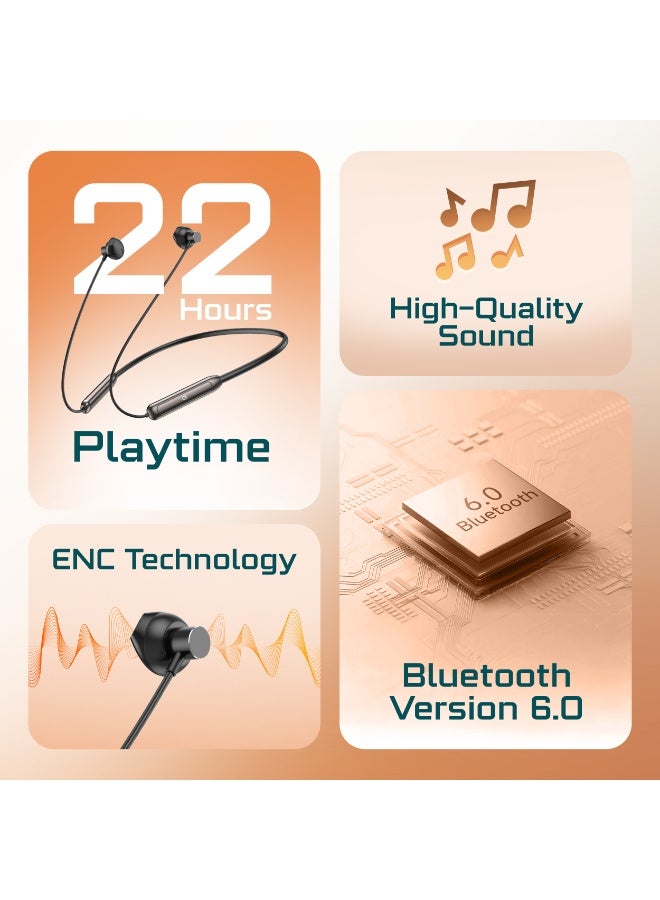 AcceOn Wireless Neckband with ENC Technology, 22-Hour Playtime, Bluetooth 6.0, Ergonomic In-Ear Magnetic Earphones – Black - Image 2