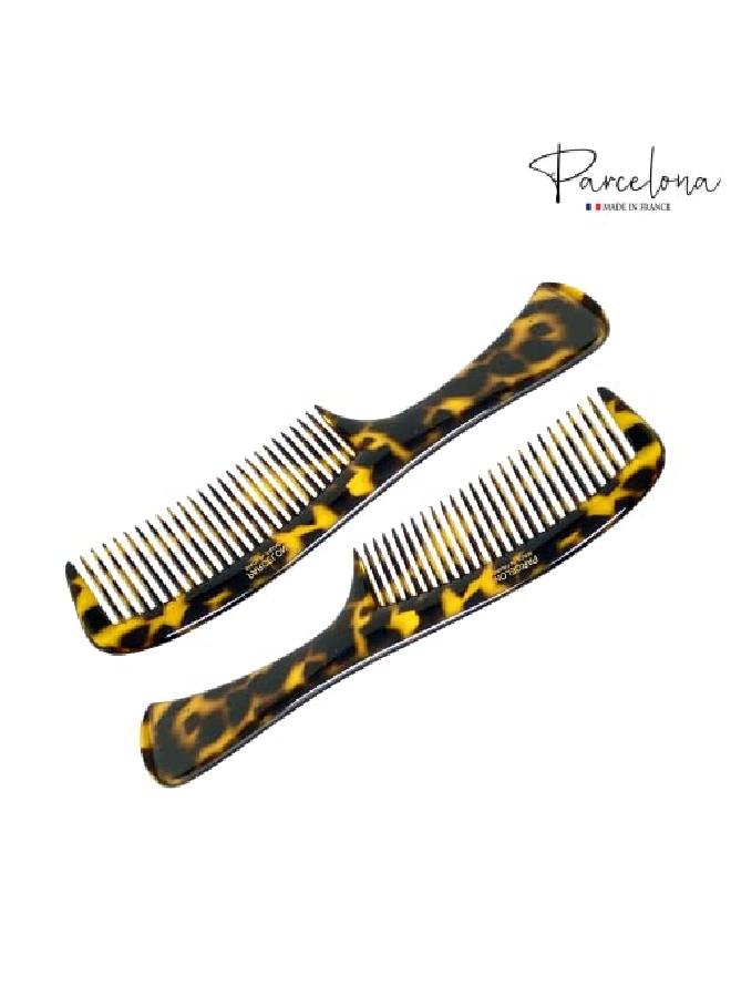 Parcelona French Wide Tooth Yellow Tokyo Large 8 3/4” Celluloid Set Of 2 Professional Hair Handle Combs For Women And Girls - Image 4