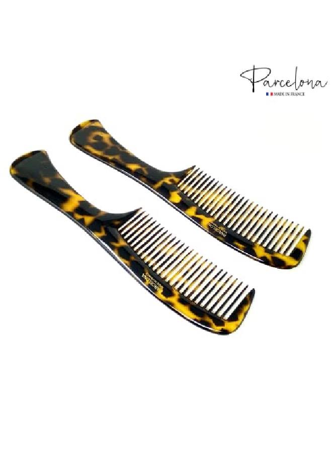 Parcelona French Wide Tooth Yellow Tokyo Large 8 3/4” Celluloid Set Of 2 Professional Hair Handle Combs For Women And Girls - Image 3