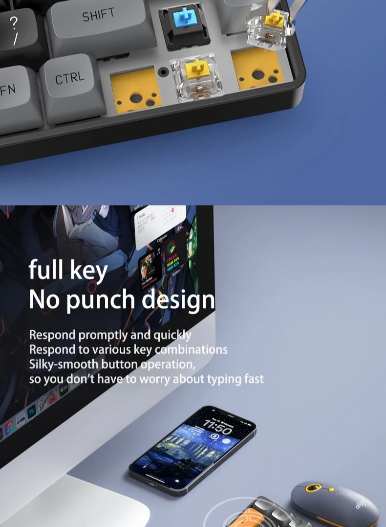 aigo A68 Tri-mode 60% Gaming Mechanical Keyboard (Bluetooth / 2.4G Wireless/Wired) - Yellow Switch Hot Swappable – Rechargeable Battery – 68 English PBT Keycap Keys | Milk Coffee - Image 5