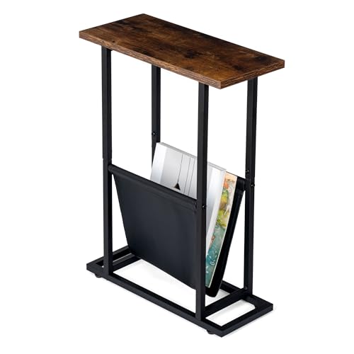 FLYJOE FLYJOE Narrow Side Table with PU Leather Magazine Holder Rustic Slim Little Thin Table for Living Room, Bedroom, Sofa, - Image 2