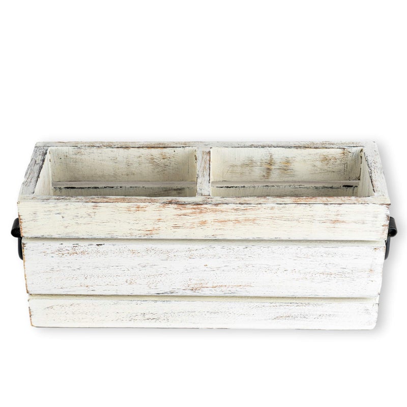 GoCraft 2-Compartment Wooden Caddy with Metal Handles â€“ Rustic Whitewashed Organizer for Flatware, Kitchen Utensils, Office Supplies, Remotes, Makeup, Nightstand Storage, Desk & Home Organization - Image 2