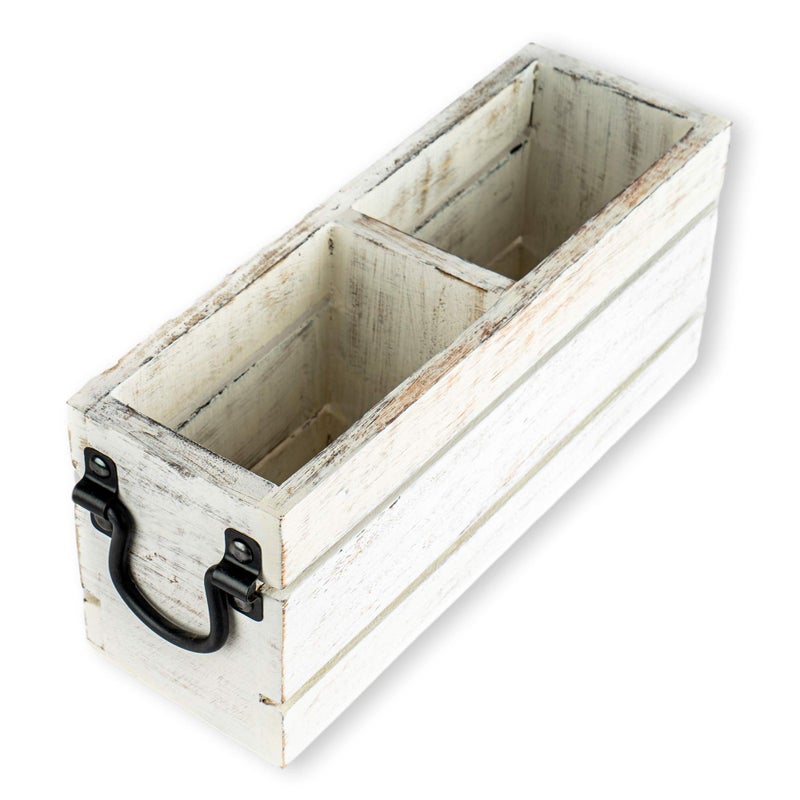 GoCraft 2-Compartment Wooden Caddy with Metal Handles â€“ Rustic Whitewashed Organizer for Flatware, Kitchen Utensils, Office Supplies, Remotes, Makeup, Nightstand Storage, Desk & Home Organization - Image 1