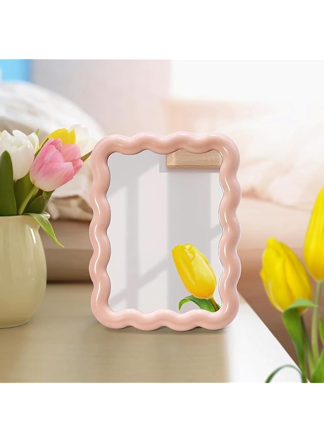 erorex Wave Shaped Table Mirror Desk Vanity Makeup Mirror Cute Desk Accessories Portable Folding Mirror Cute Travel Make Up Mirror For Standing Hanging Home Decoration Pink 6.7X5.3 Inch - Image 1