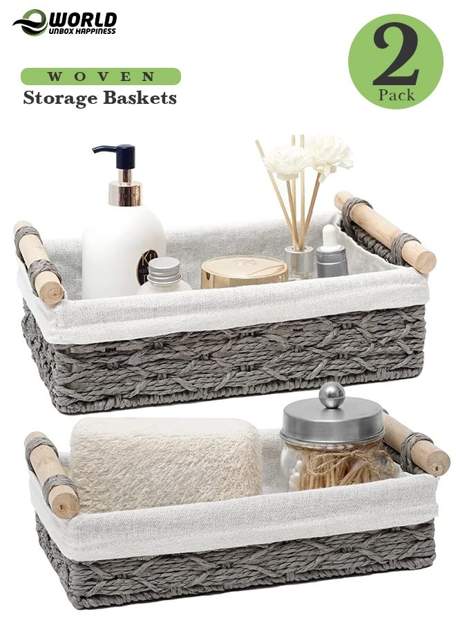 Eworld Set of 2 Rectangular Woven Storage Baskets with Washable Liners, Paper Rope Straw Rattan Baskets for Organizing with Handles, Ideal for Cosmetics, Toys, Books, and Daily Essentials, Grey - Image 1
