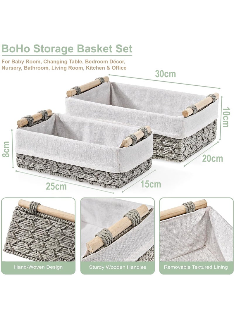 Eworld Set of 2 Rectangular Woven Storage Baskets with Washable Liners, Paper Rope Straw Rattan Baskets for Organizing with Handles, Ideal for Cosmetics, Toys, Books, and Daily Essentials, Grey - Image 2