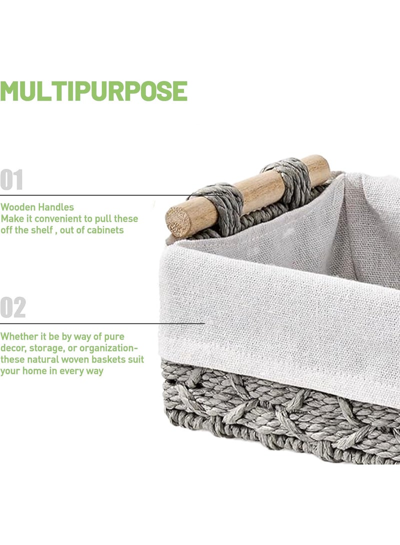 Eworld Set of 2 Rectangular Woven Storage Baskets with Washable Liners, Paper Rope Straw Rattan Baskets for Organizing with Handles, Ideal for Cosmetics, Toys, Books, and Daily Essentials, Grey - Image 3