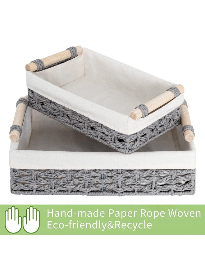 Eworld Set of 2 Rectangular Woven Storage Baskets with Washable Liners, Paper Rope Straw Rattan Baskets for Organizing with Handles, Ideal for Cosmetics, Toys, Books, and Daily Essentials, Grey - Image 4