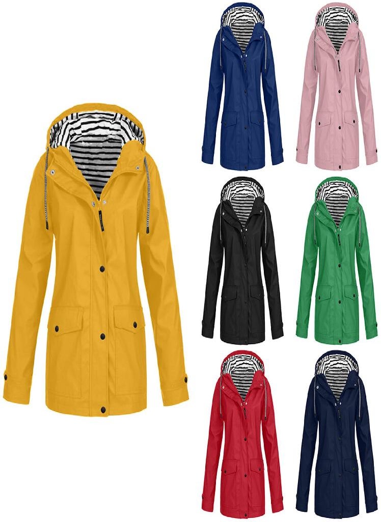 Eckek - Women Solid Rain Jacket Outdoor Plus Waterproof Hooded Raincoat Windproof - Image 1