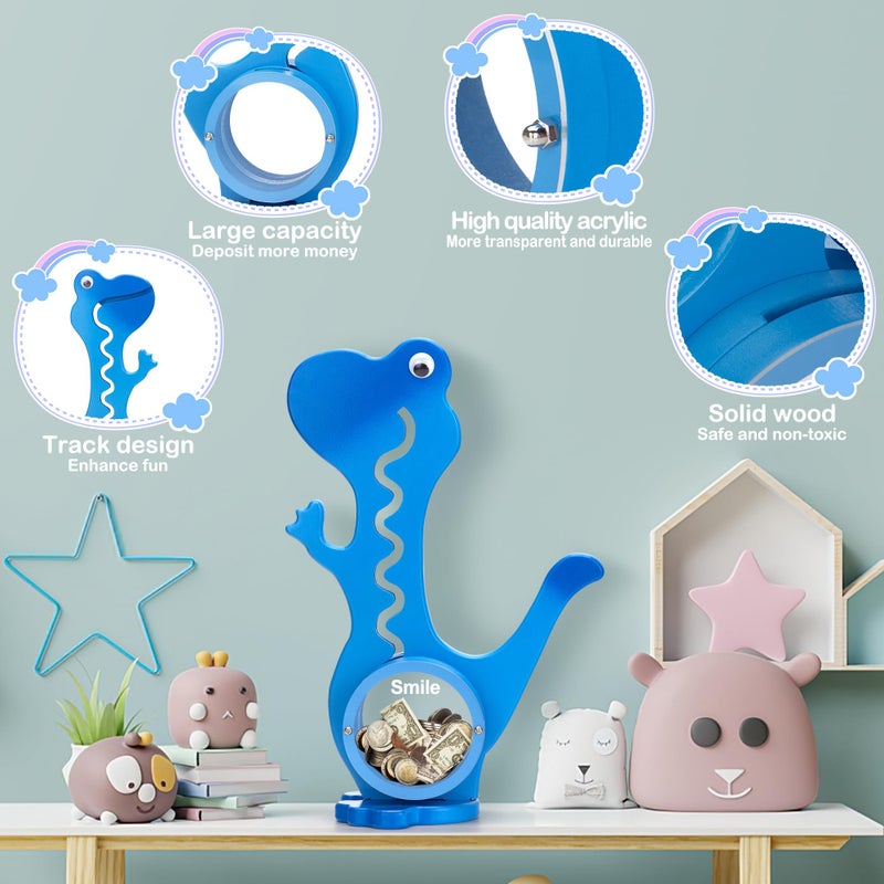 AORCMITN Wooden Dinosaur Piggy Bank for Boys Kids Girls Big Clear Animal Belly Coin Bank Toddler Real Money Toyï¼ˆDino-Blueï¼‰ - Image 3