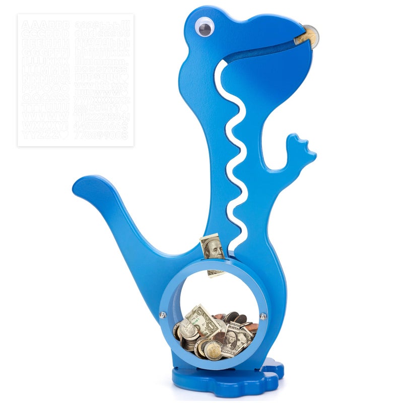 AORCMITN Wooden Dinosaur Piggy Bank for Boys Kids Girls Big Clear Animal Belly Coin Bank Toddler Real Money Toyï¼ˆDino-Blueï¼‰ - Image 1
