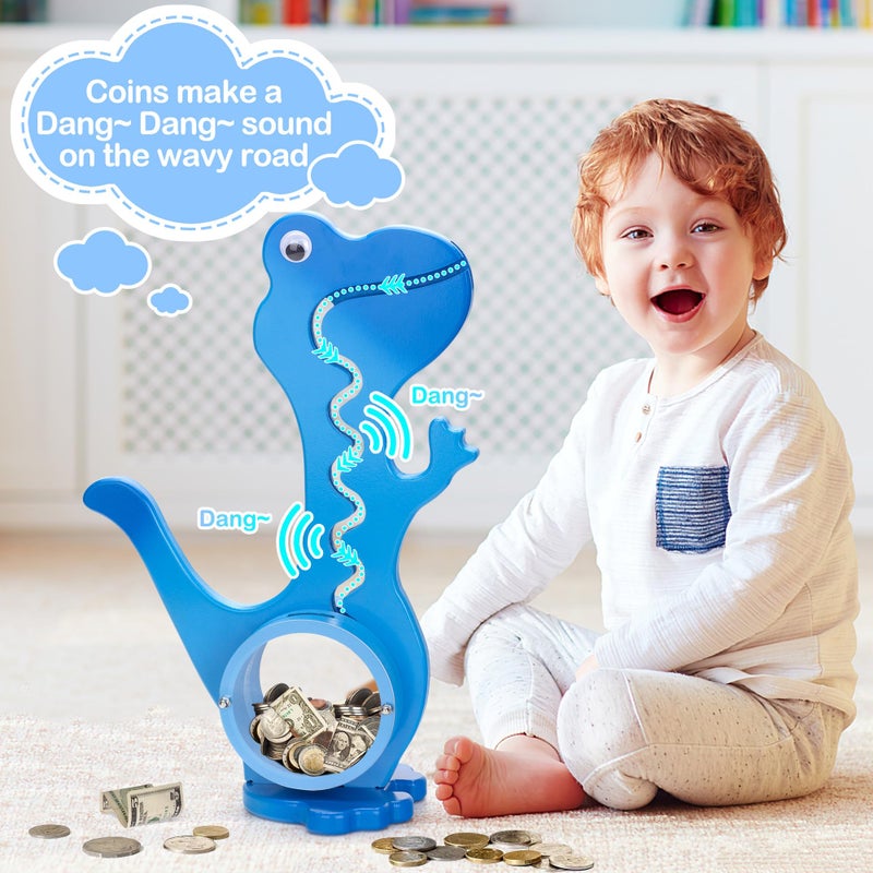 AORCMITN Wooden Dinosaur Piggy Bank for Boys Kids Girls Big Clear Animal Belly Coin Bank Toddler Real Money Toyï¼ˆDino-Blueï¼‰ - Image 4