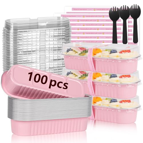 YQER 100 Pack Mini Loaf Pans with Lids and Spoons Sealing Sticker, 6.8oz Mini Cake Pans for Baking, Disposable Aluminum Foil Loaf Pans, Pink Loaf Baking Pans, Small Cake Containers With Lids - Image 1