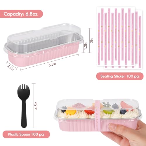 YQER 100 Pack Mini Loaf Pans with Lids and Spoons Sealing Sticker, 6.8oz Mini Cake Pans for Baking, Disposable Aluminum Foil Loaf Pans, Pink Loaf Baking Pans, Small Cake Containers With Lids - Image 5