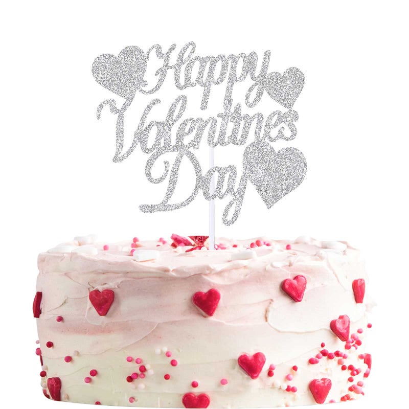 Creaides 12pcs Silver Glitter Happy Valentine's Day Cake Toppers Food Picks Cake Decorations for Valentine's Day Party Suppliers - Image 1