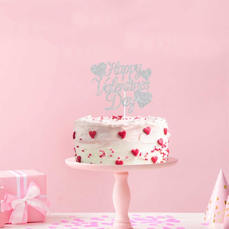 Creaides 12pcs Silver Glitter Happy Valentine's Day Cake Toppers Food Picks Cake Decorations for Valentine's Day Party Suppliers - Image 3