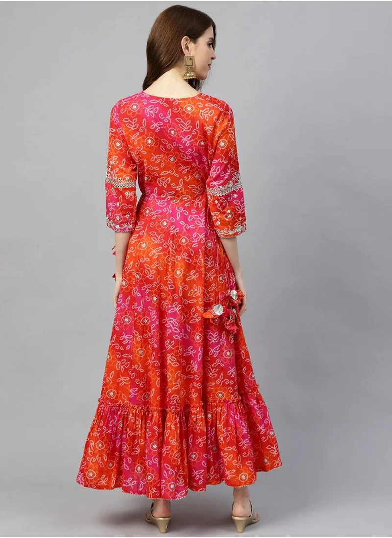 آي شين Women Red & Orange Bandhani Print Anarkali Kurta