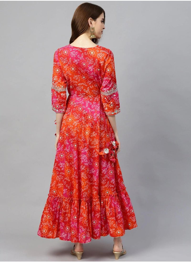 ISHIN Women's Red 100% Cotton Self Design A-Line Kurta  - Image 2