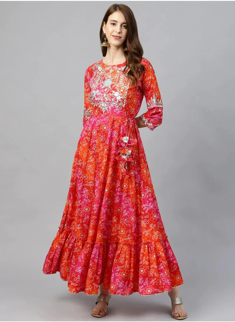 آي شين Aline Fit Self Design Pattern Round Neck Neck Three-Quarter Sleeves Red Colour Knitted Cotton Kurtis for Women with Semi Elastic Closure - Designed with Style and Comfort