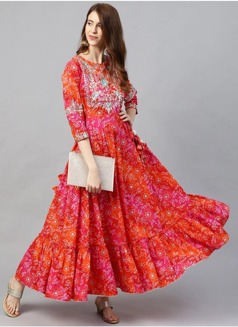 ISHIN Women's Red 100% Cotton Self Design A-Line Kurta  - Image 1